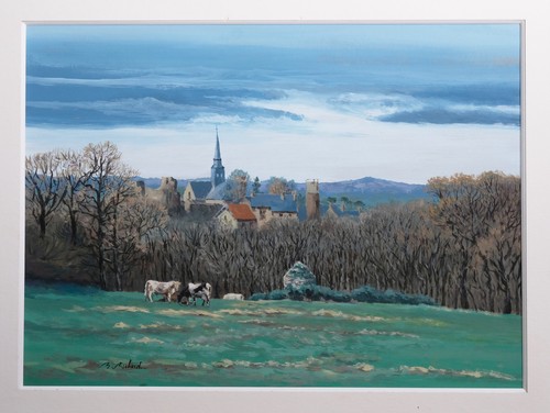 Gouache paysage village - , sarthe