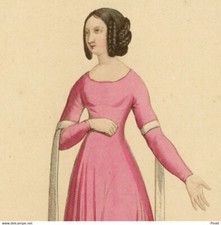 Portrait Costume Moyen Age Dame demoiselle Gravure originale aquarelle XIXe