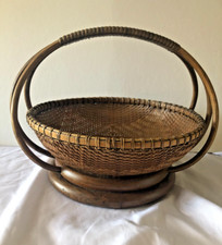 Stunning Vintage French Hand Woven Wicker & Bent Wood Gather Basket Origl Label