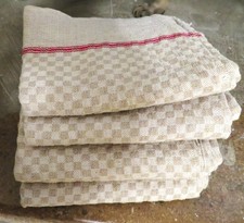 TORCHONS anciens LIN bis quadrillé LITEAUX ROUGES LOT 4 TORCHONS NEUFS