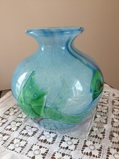 VASE BOULE EN VERRE SOUFFLE  DECOR FLORAL BLEU  VERRERIE D'ART  SOISY SUR ECOLE