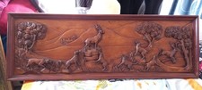 Ancien Tableau en Bois, Sculpté main en bas Reliefs Biche Paysage Vintage 160 Cm