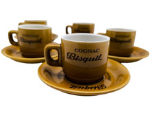 5 Anciennes Tasses à Café de bistrot avec soucoupes - Cognac Bisquit