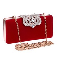 Minaudière Sac Pochette Soirée cocktail Mariage Velours Rouge Strass chainette 