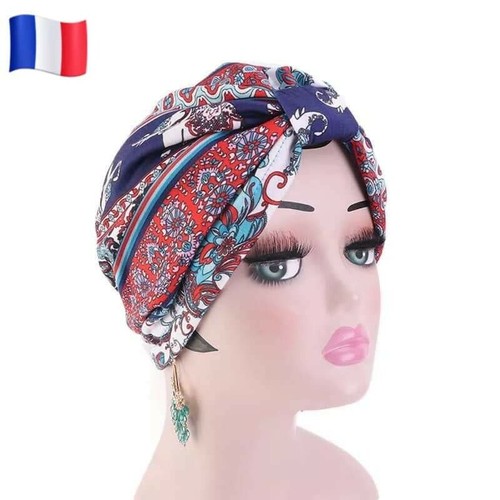 Bonnet turban satin bleu rouge