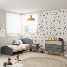 KAINA - Pack Lit 90x190cm + Chevet 2 Tiroirs + Commode 4T Coloris Gris et Nature