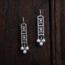 Boucles d'Oreilles Clous Argenté Chandelier Art Deco Perle Mariage Filigrane SA4