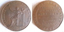 Monneron . 2 Sols à la Liberté assise 1792 - "QUI SE VEND" - Type 7a,