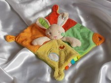 Doudou lapin jaune, vert, rouge, orange, broderies, anneau de dentition, Auchan
