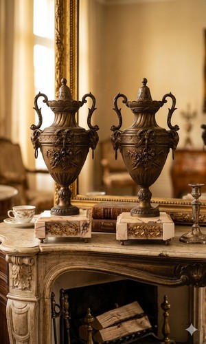Paire urnes bronze marbre