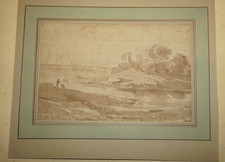 Ecole FRANCAISE XVIII DESSIN LAVIS ENCRE PAYSAGE CHAMPETRE RIVIERE ARBRES 1780 b