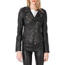 Blouson motard court femme 100% cuir véritable vintage noir frotté rétro manteau