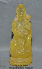 5.6" Old Chinese Buddhism Yellow Amber Kwan-yin Guan Yin Goddess Send Son Statue