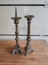 Rare ANCIEN  CIERGE X2  RELIGIEUX EGLISE BRONZE AJOURé  GOTHIQUE XIXéme H45 cm