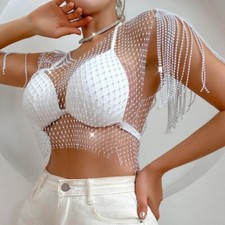 Femmes Pur Creusé Maille Débardeur Strass Fête Gland Vêtement de Soirée Sexy