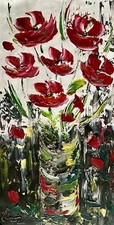 Tableau Fleurs  Noir Blanc Rouge Peinture Sur Toile Neuve