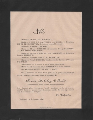 1891 faire part décès - 1891, faire-part