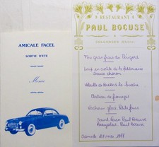 MENU BOCUSE DE LA SORTIE FACEL VEGA 1977 ET BOCUSE 1977 DIFFERENT BEAUJOLAIS