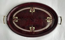 Ancien plateau art deco bois et verre peint incrustation de nacre décor floral