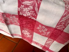 Linge Ancien NAPPE DAMASSEE CARREE blanc & rouge 2 monogrammes brodés rouge N.D