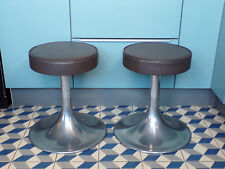PAIRE 2 TABOURET PIED TULIPE 1970-80-Métal-Skaï brun-vintage-DESIGN 70