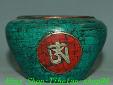 8CM Old Tibet Bronze inlay Turquoise Inscription Text Zun Crock Jar Jug Pot 