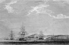 MARINE (TURQUIE)- TROIS MÂTS au MOUILLAGE en face de SMYRNE (IZMIR)- Gravure 19e