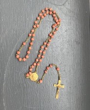 Antique French Rosary Real Coral Beads Orange gold Plated Sterling Silver 12”