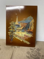 Plaque en métal émaillée décors église maison signée gruner Art bonne état