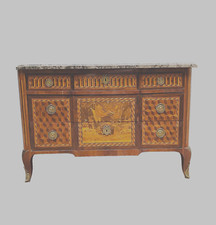 commode Louis XVI marqueterie de placage  dessus marbre début . XIX siècle.