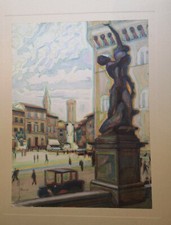 Dessin original aquarellé de la Place de la Seigneurie, Florence 