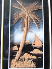 sculpture LIEGE /MER /BATEAU/ PALMIER/SOLEIL sous verre