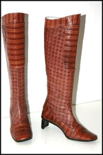 MAUD FRIZON Bottes Cuir Motifs Quadrillés Marron Bouts Carrés T 35.5 TBE