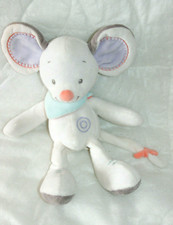 NATTOU DOUDOU PELUCHE SOURIS BLANC GRIS MAUVE BANDANA BLEU 30 cm TBE