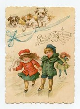 illustrateur non signé . Bonne année . Enfants, patins à glace . Children . 