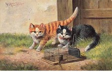 CHATS #MK39918 CHAT TIGRE ET CHAT NOIR CAGE SOURIS PAR ILLUSTRATEUR