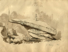 Chaos rocheux animé d'un personnage -  Dessin original ancien au lavis