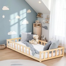 Cadre de Lit Enfant Montessori au Sol 90x200 cm Barriere Bois Lattes Homestyle4u