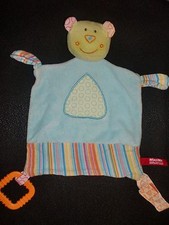 Doudou plat ours bleu ciel vert rayé attache tétine anneau dentition MAXIMO