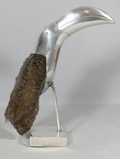 Toucan en argent massif et quartz fumé, Brésil Design 1960 Grupo Gal