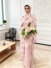Femme Robe En Mousseline Rose Abaya Robe Imprimée Florale Dubaï Kaftan Mariage