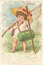 Carte Postale Ancienne 1902, Enfant, Chapeau Canotier, Filet Pèche, Chromo Litho