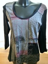 Tee shirt coton manches longues couleur gris chiné et noir avec motifs