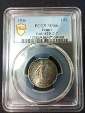 France : 1 Franc Semeuse 1916 ; PCGS : MS 66