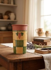 Grand cache-pot ou brique à vin vintage en céramique, motif raisins et carreaux