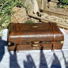 Malle Valise Ancienne En Bois Cuir Et Laiton, Meuble Baguage Ancien Avec Clé 