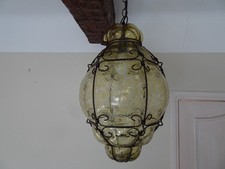 Grande Suspension Vintage Lanterne Vénitienne Cage en Verre Soufflé Murano 1970