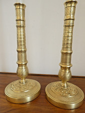Paire de bougeoirs flambeaux chandeliers restauration bronze doré XIXe siècle