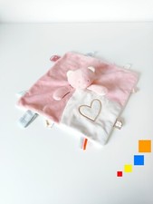 Doudou Plat/Mouchoir Minouchka Chat Rose Blanc Coeur Doré Attache Tétine Noukies
