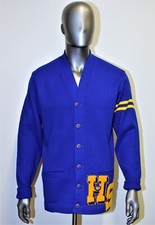Vintage 1960s Unbranded Acrylic Varsity Letterman Cardigan Sweater Blue size M